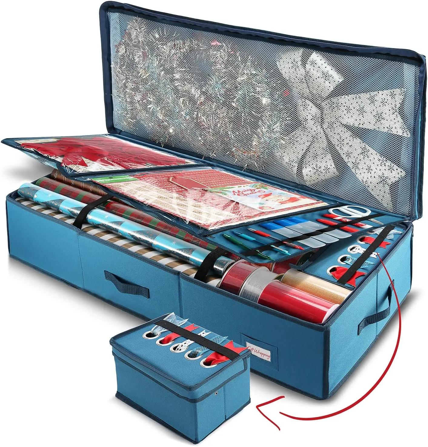 Hearth & Harbor Wrapping Paper Storage Container with Ribbon Storage Organizer - Christmas Storage Bag with Extra Interior Pockets - Gift Wrapping Organizer Storage Fits Up to 26 Rolls of 40" Length