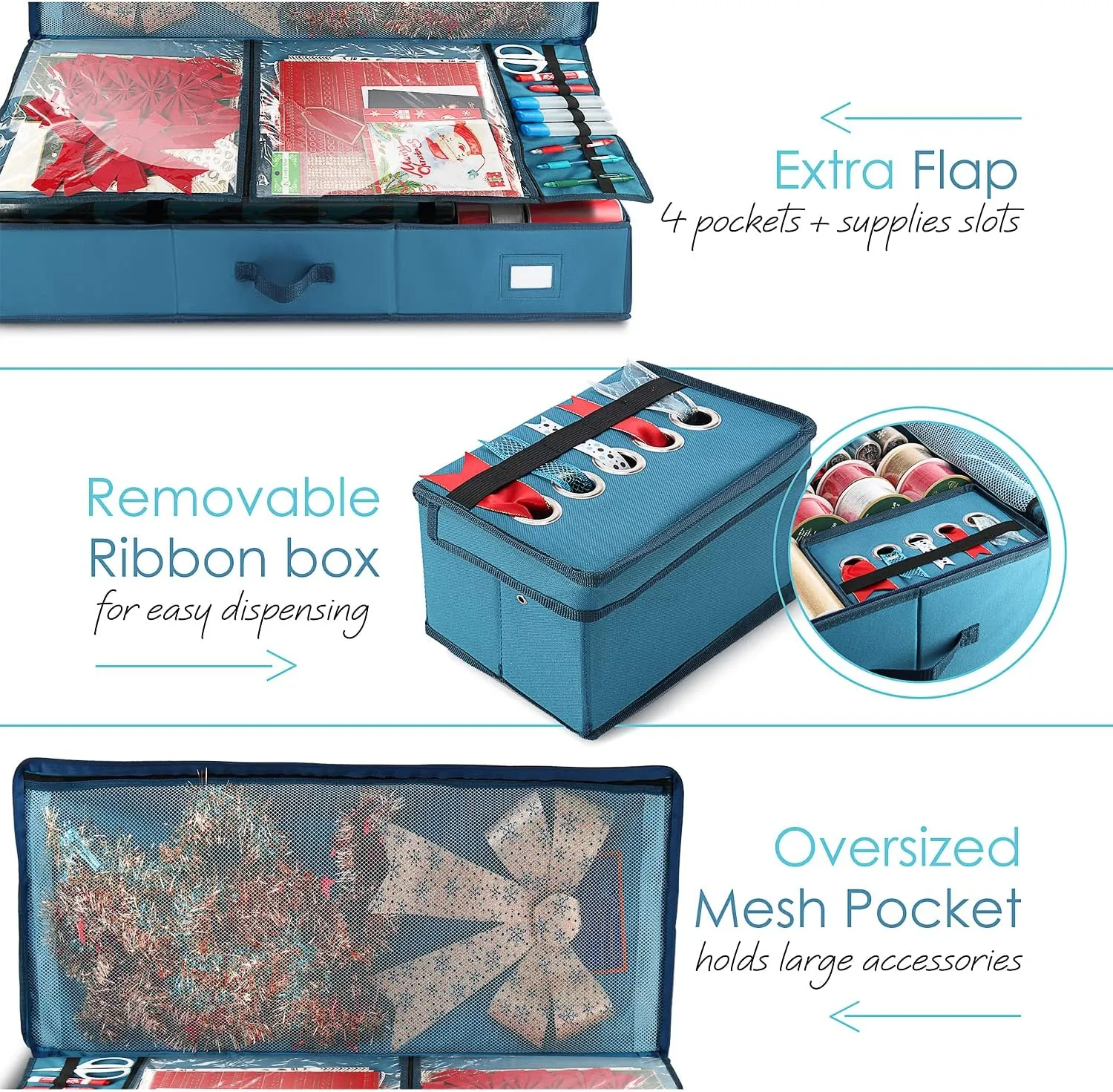 Hearth & Harbor Wrapping Paper Storage Container with Ribbon Storage Organizer - Christmas Storage Bag with Extra Interior Pockets - Gift Wrapping Organizer Storage Fits Up to 26 Rolls of 40" Length
