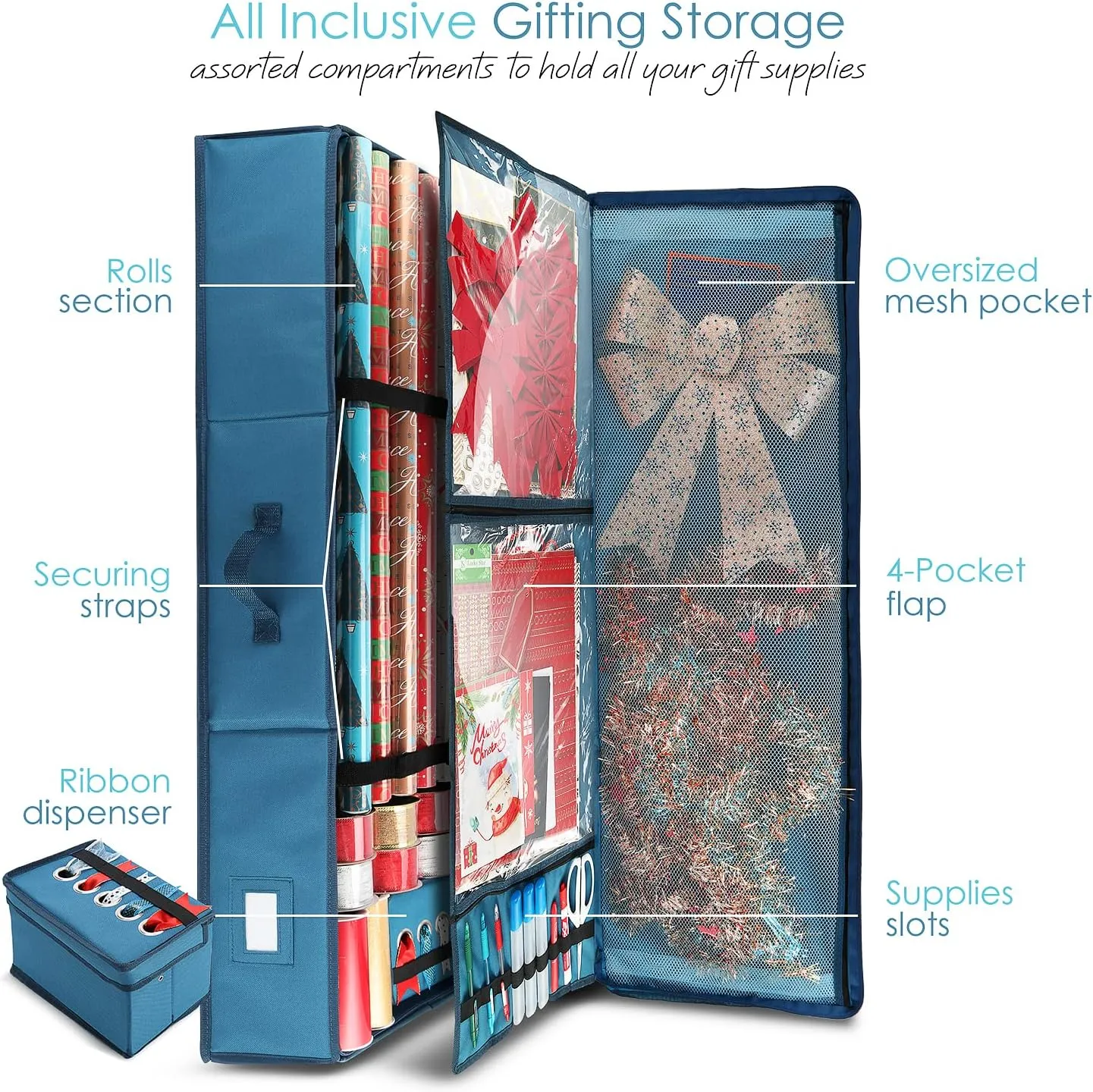 Hearth & Harbor Wrapping Paper Storage Container with Ribbon Storage Organizer - Christmas Storage Bag with Extra Interior Pockets - Gift Wrapping Organizer Storage Fits Up to 26 Rolls of 40" Length