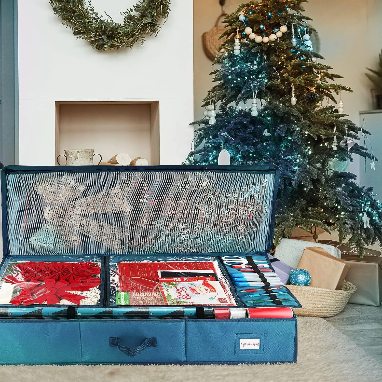 Hearth & Harbor Wrapping Paper Storage Container with Ribbon Storage Organizer - Christmas Storage Bag with Extra Interior Pockets - Gift Wrapping Organizer Storage Fits Up to 26 Rolls of 40" Length