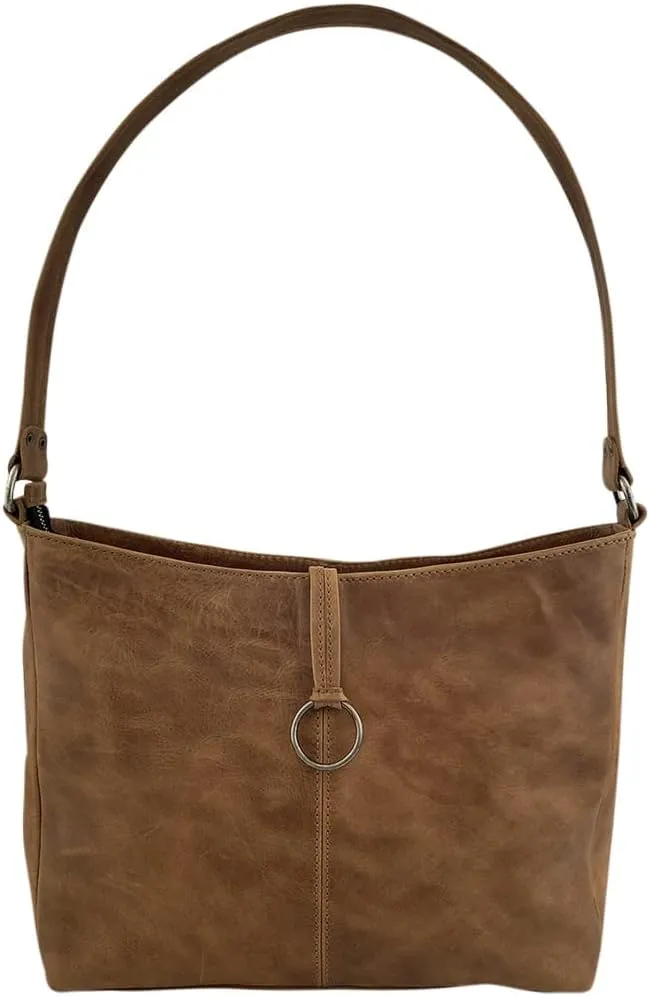 Hide & Drink, Classic Shoulder Bag, Top-Handle Bag for Shopping, Full Grain Leather & Plaid Cotton, Handmade, Bourbon Brown