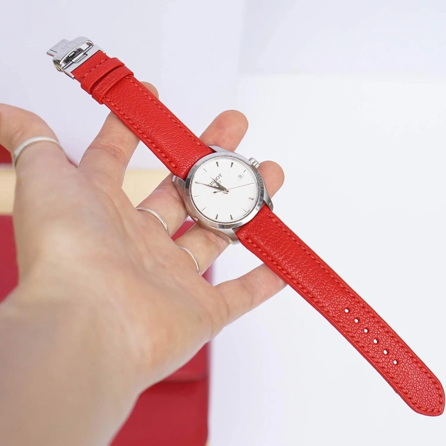 High Quality Red Goat leather watch band, Handmade Alran Chevre Sully leather watch strap (20mm, Steel Tang Buckle)