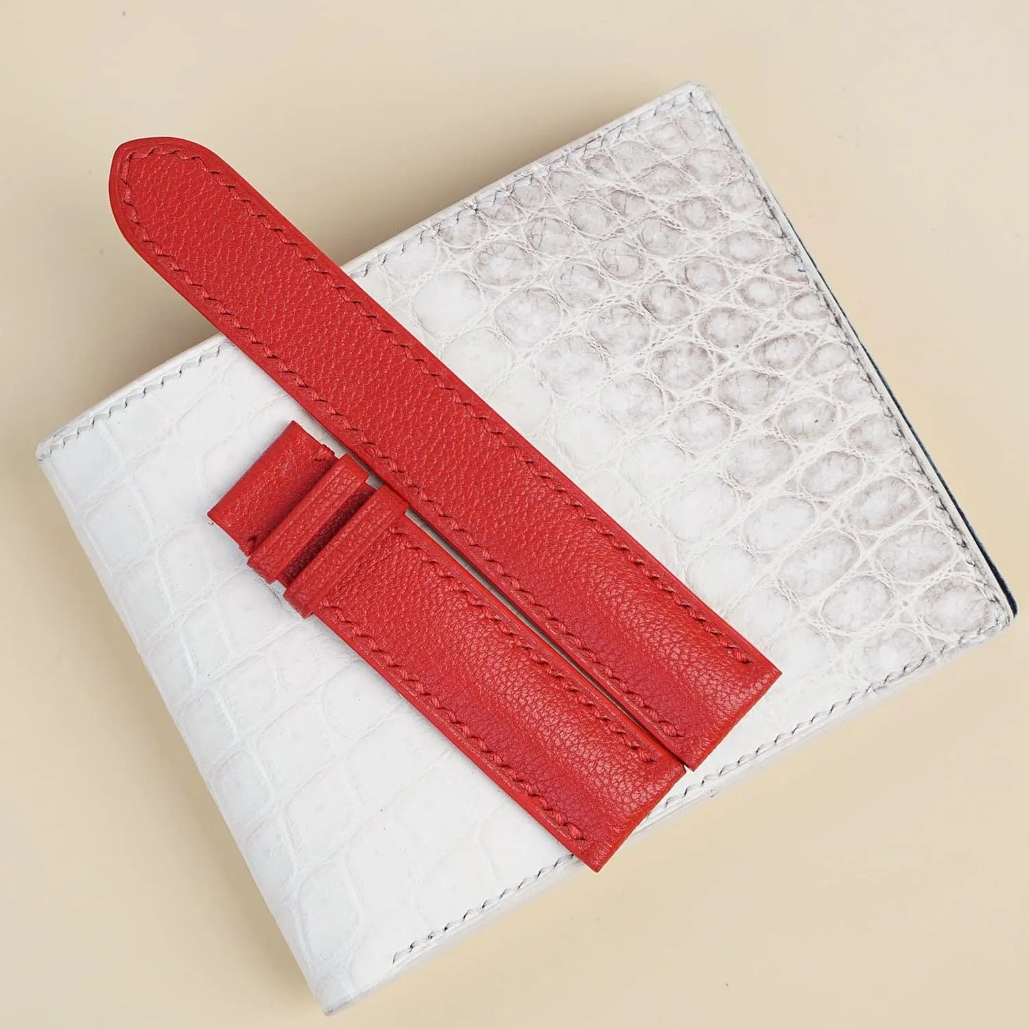 High Quality Red Goat leather watch band, Handmade Alran Chevre Sully leather watch strap (20mm, Steel Tang Buckle)