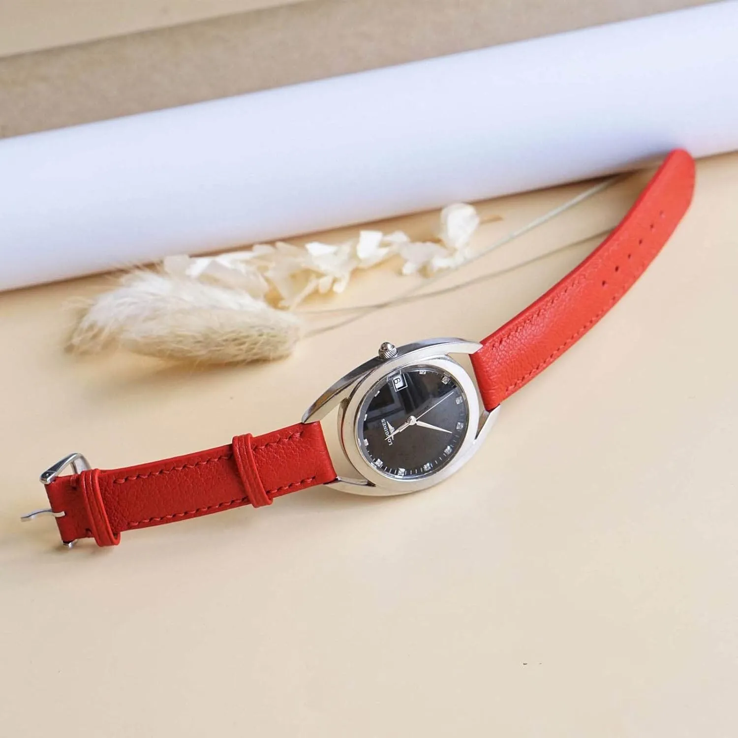 High Quality Red Goat leather watch band, Handmade Alran Chevre Sully leather watch strap (20mm, Steel Tang Buckle)