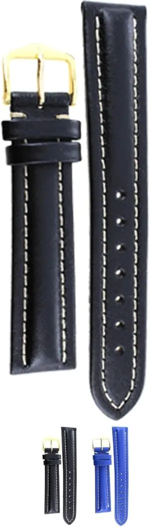 Hirsch Livingstone Leather Watch Strap - Contrast Stitched Textured - Water Resistant - Black, Blue - 18mm