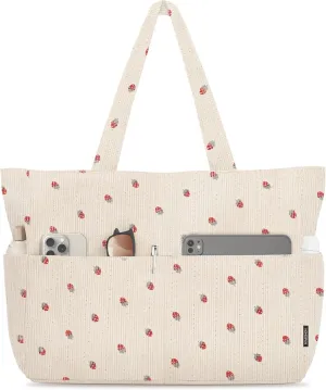HOMESPON Large Corduroy Tote Bag for Women Everyday Shoulder Bag with Pockets and Zipper for Work Travel Vacation