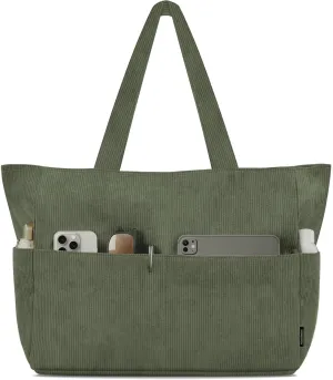 HOMESPON Large Corduroy Tote Bag for Women Everyday Shoulder Bag with Pockets and Zipper for Work Travel Vacation