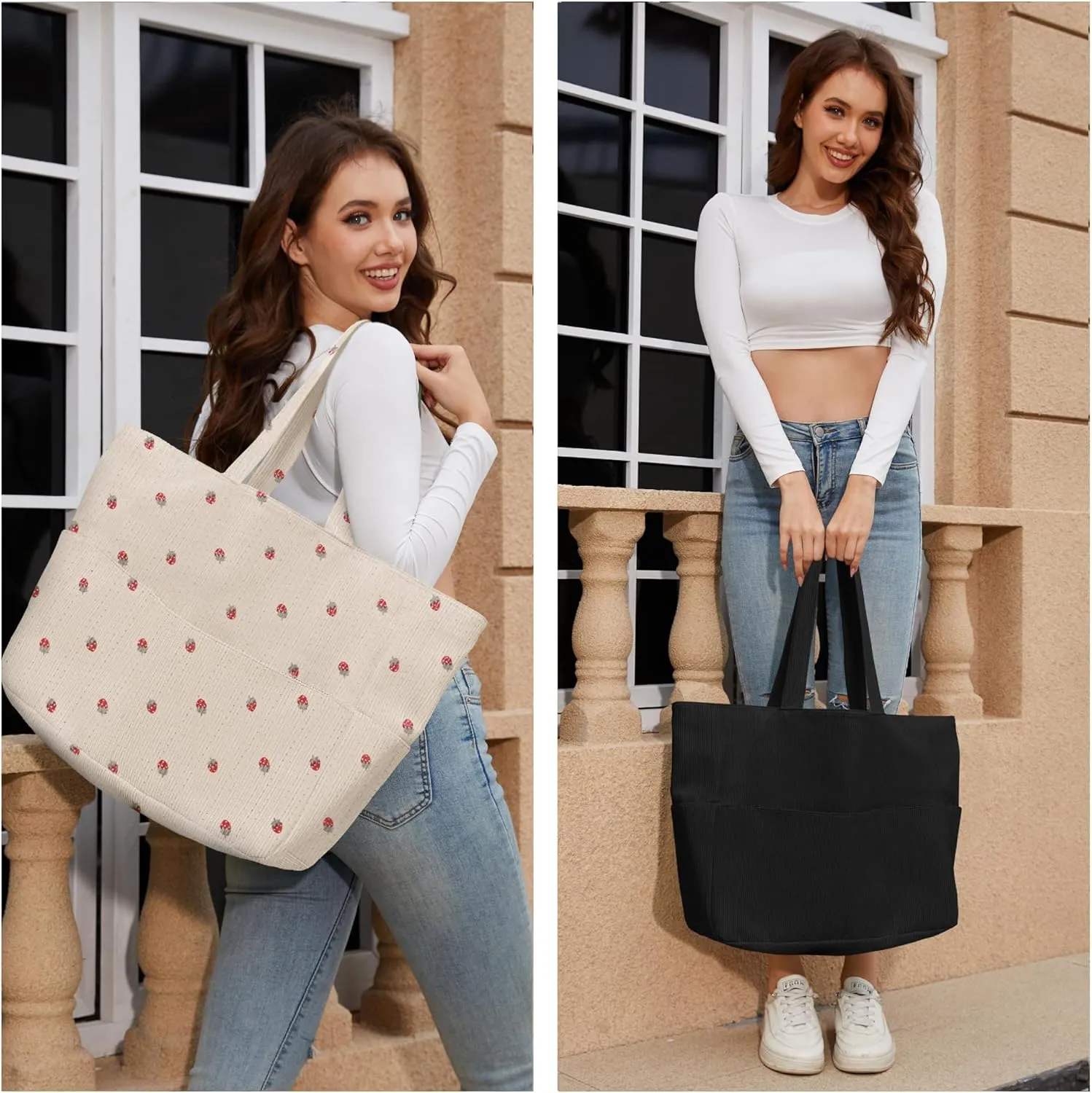 HOMESPON Large Corduroy Tote Bag for Women Everyday Shoulder Bag with Pockets and Zipper for Work Travel Vacation