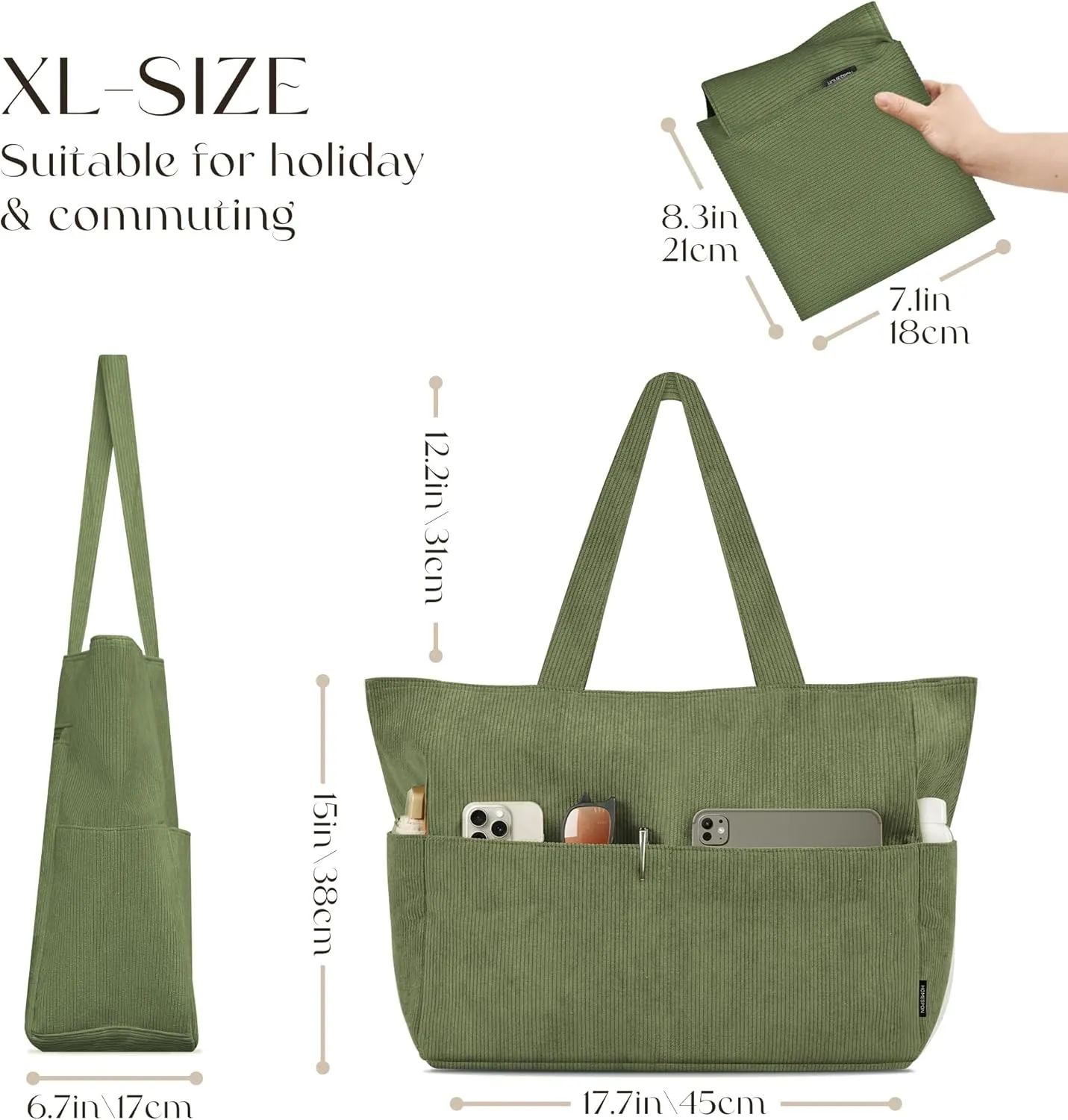 HOMESPON Large Corduroy Tote Bag for Women Everyday Shoulder Bag with Pockets and Zipper for Work Travel Vacation