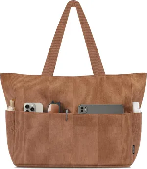 HOMESPON Large Corduroy Tote Bag for Women Everyday Shoulder Bag with Pockets and Zipper for Work Travel Vacation