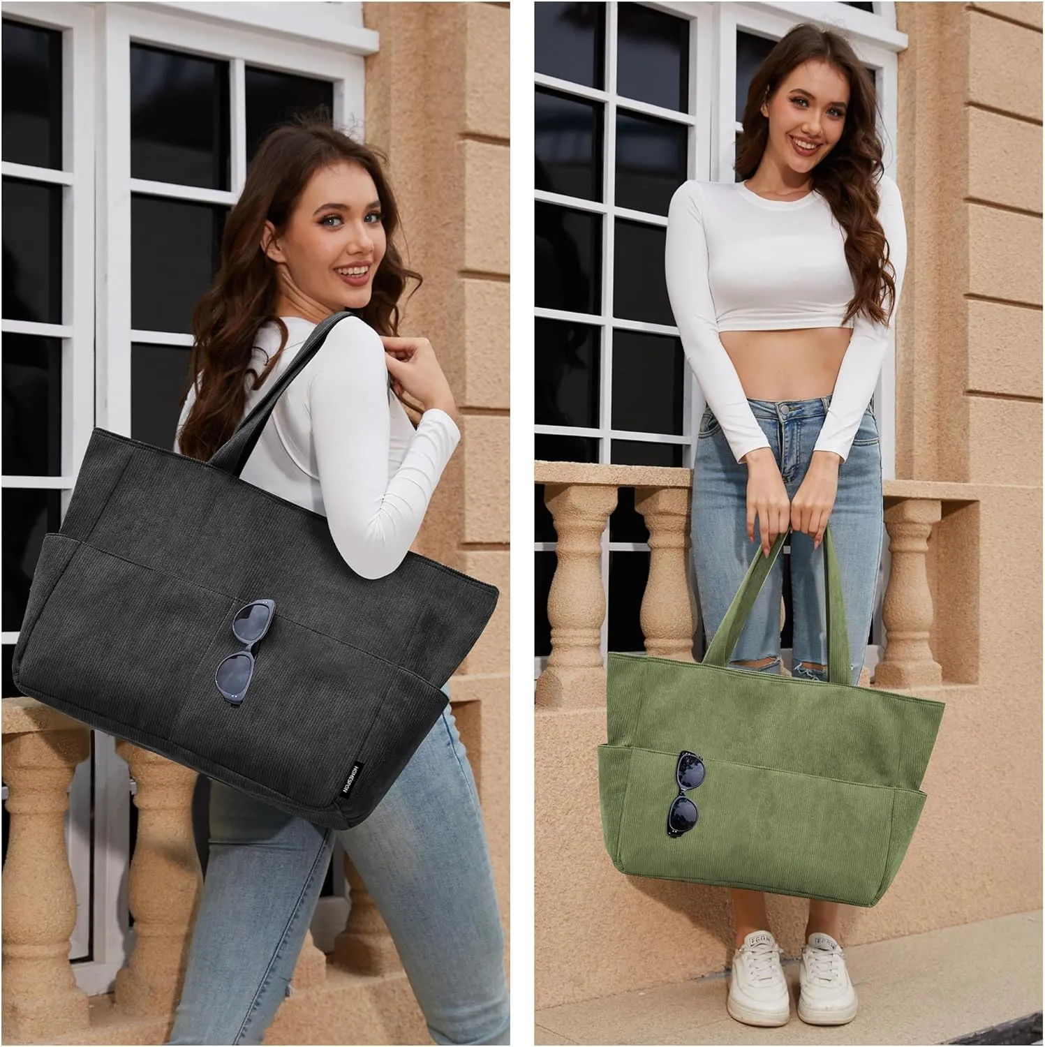 HOMESPON Large Corduroy Tote Bag for Women Everyday Shoulder Bag with Pockets and Zipper for Work Travel Vacation