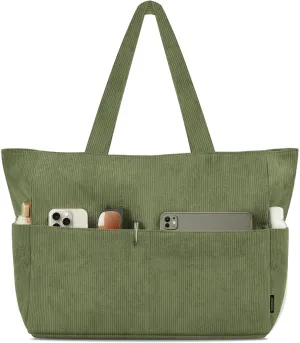 HOMESPON Large Corduroy Tote Bag for Women Everyday Shoulder Bag with Pockets and Zipper for Work Travel Vacation