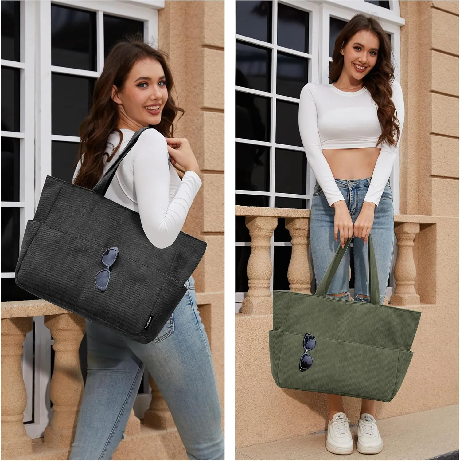 HOMESPON Large Corduroy Tote Bag for Women Everyday Shoulder Bag with Pockets and Zipper for Work Travel Vacation
