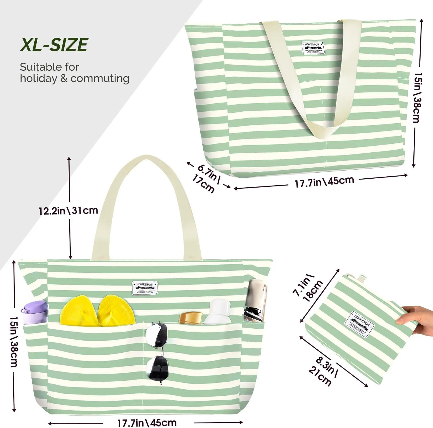 HOMESPON Large Waterproof Beach Bag for Women Sandproof Tote Bag Pool Bag with Zipper and Pockets for Travel Vacation Gym