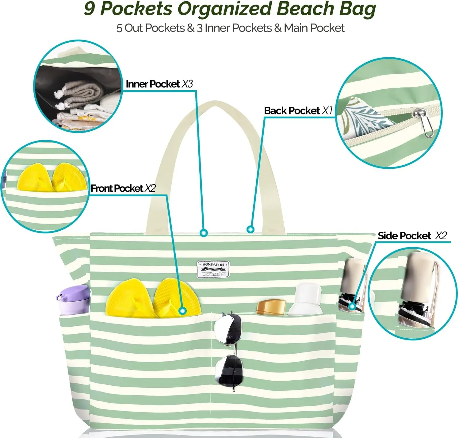 HOMESPON Large Waterproof Beach Bag for Women Sandproof Tote Bag Pool Bag with Zipper and Pockets for Travel Vacation Gym
