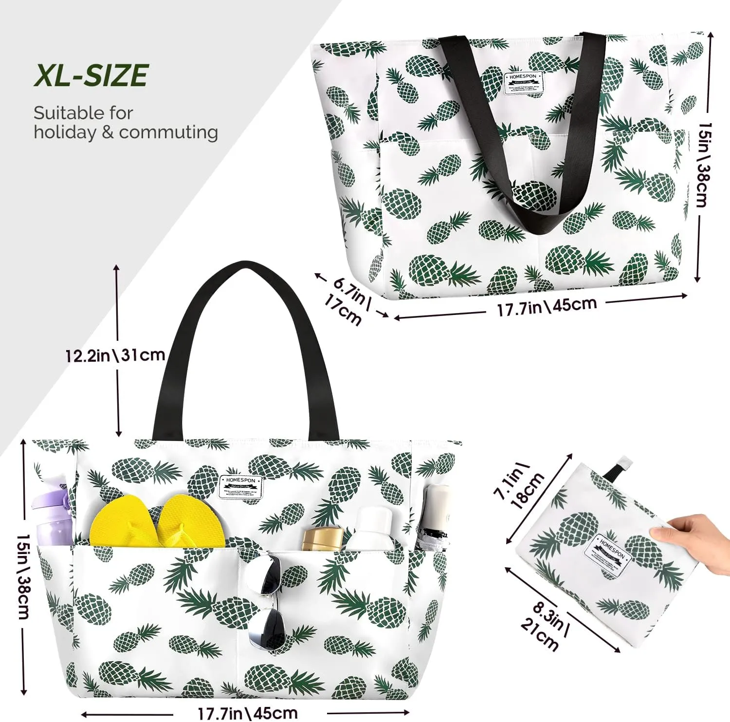 HOMESPON Large Waterproof Beach Bag for Women Sandproof Tote Bag Pool Bag with Zipper and Pockets for Travel Vacation Gym