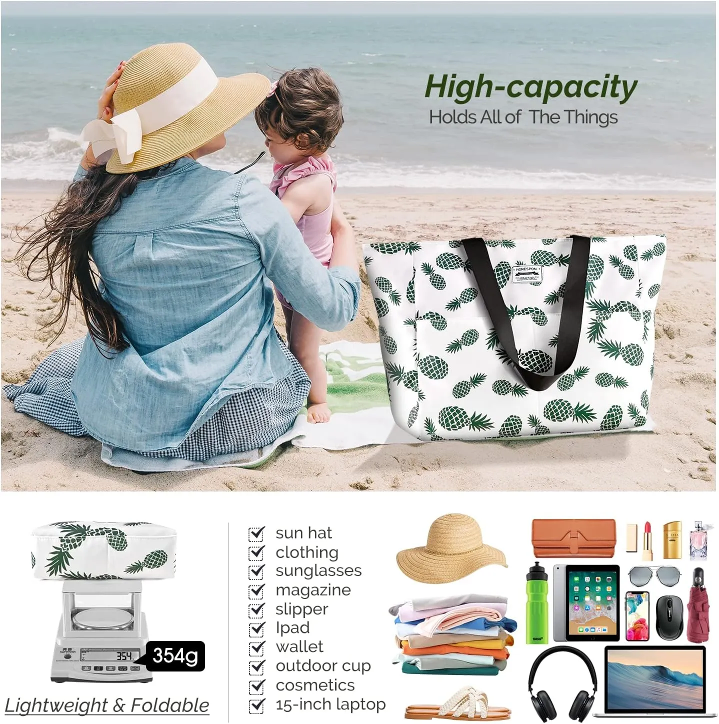 HOMESPON Large Waterproof Beach Bag for Women Sandproof Tote Bag Pool Bag with Zipper and Pockets for Travel Vacation Gym