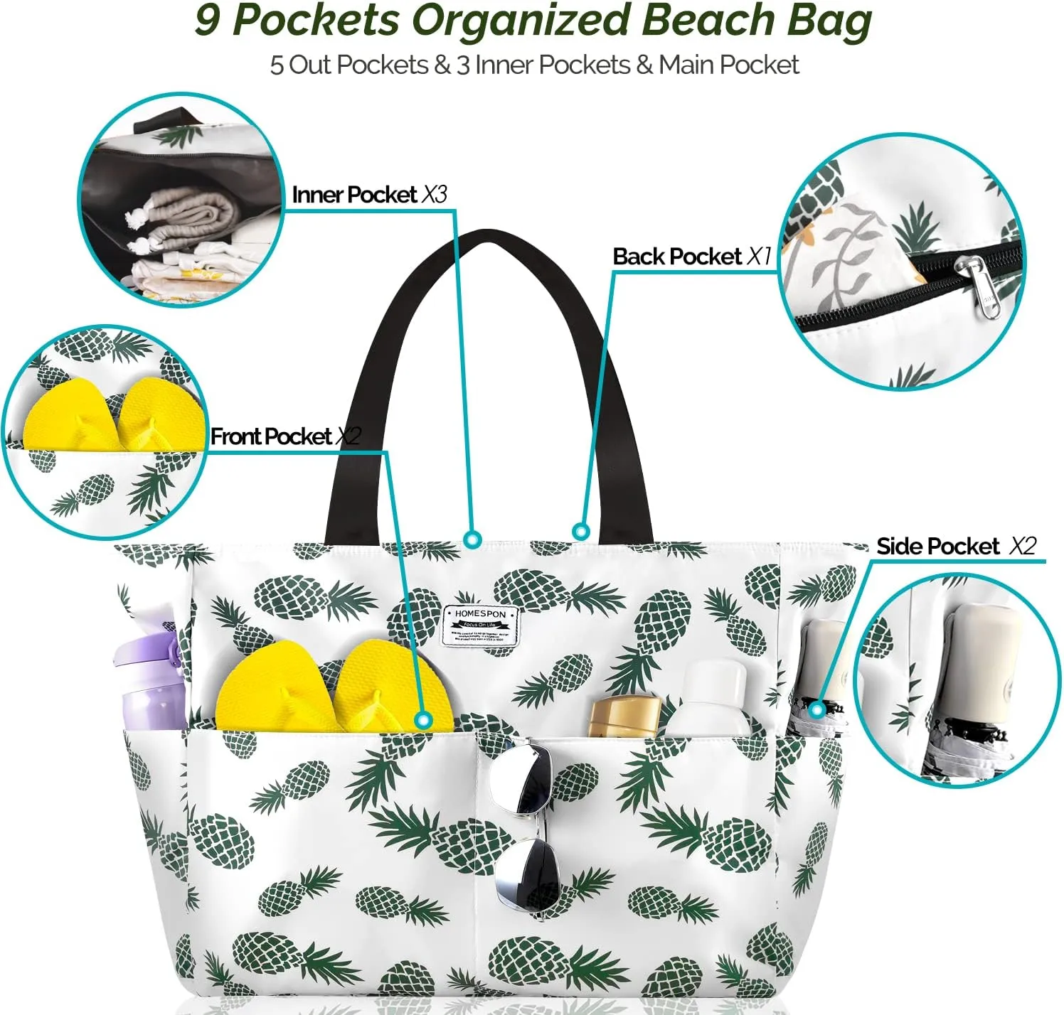 HOMESPON Large Waterproof Beach Bag for Women Sandproof Tote Bag Pool Bag with Zipper and Pockets for Travel Vacation Gym