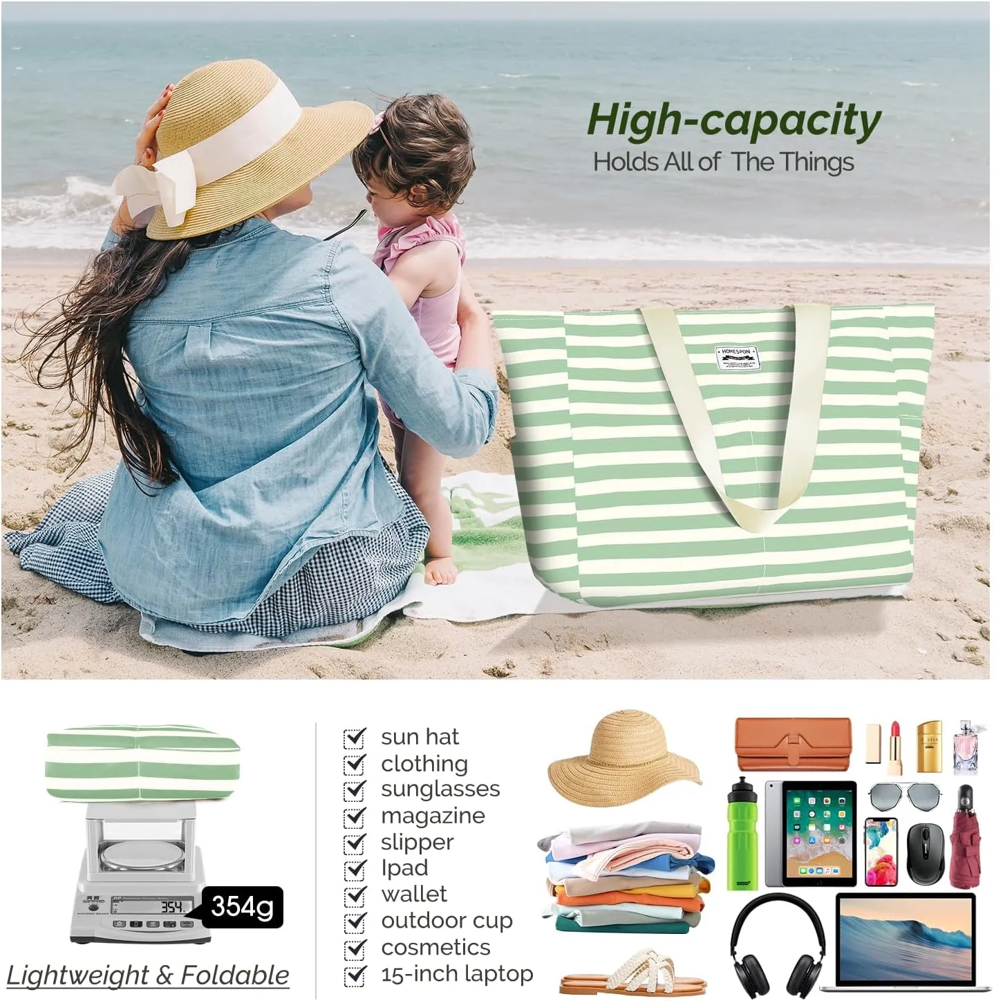 HOMESPON Large Waterproof Beach Bag for Women Sandproof Tote Bag Pool Bag with Zipper and Pockets for Travel Vacation Gym