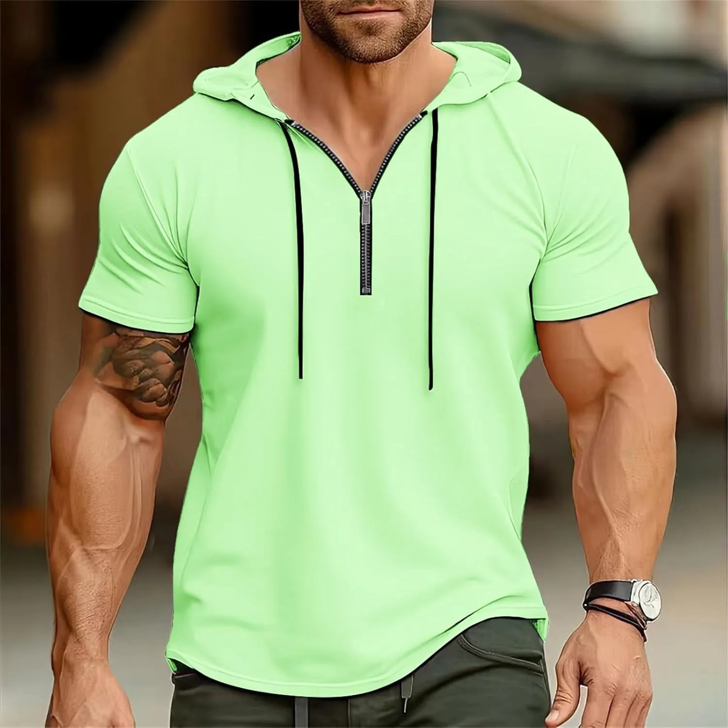Hoodies for Men Short Sleeve Casual Zipper up Regular Fit T-Shirt Sports Summer Running Lightweight Work Fitness Tees