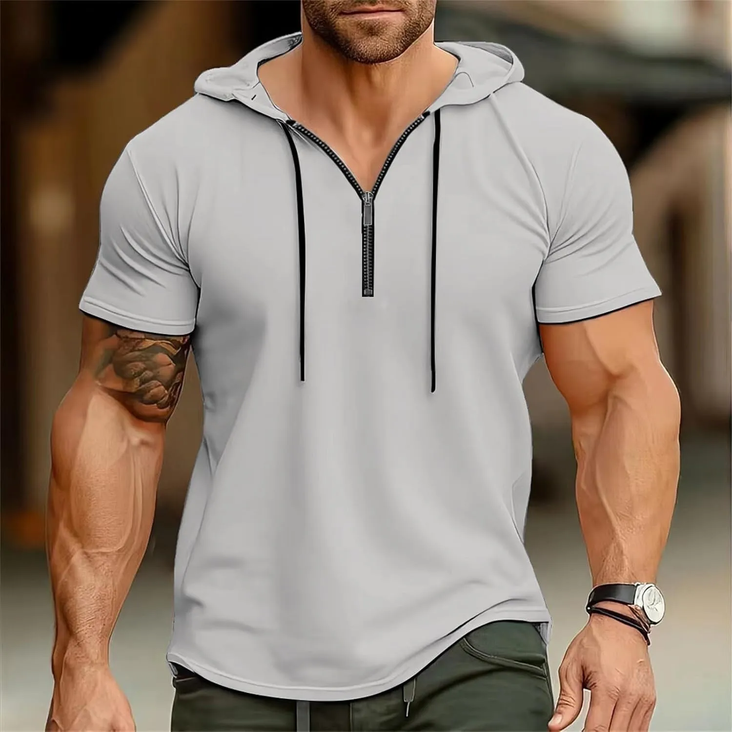 Hoodies for Men Short Sleeve Casual Zipper up Regular Fit T-Shirt Sports Summer Running Lightweight Work Fitness Tees