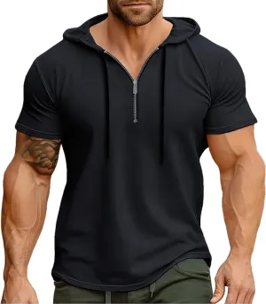 Hoodies for Men Short Sleeve Casual Zipper up Regular Fit T-Shirt Sports Summer Running Lightweight Work Fitness Tees