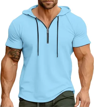 Hoodies for Men Short Sleeve Casual Zipper up Regular Fit T-Shirt Sports Summer Running Lightweight Work Fitness Tees