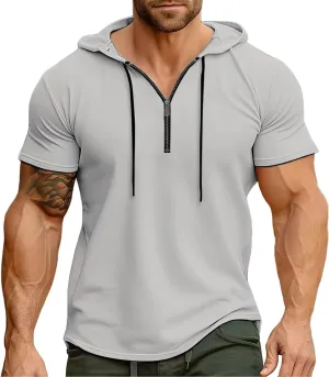 Hoodies for Men Short Sleeve Casual Zipper up Regular Fit T-Shirt Sports Summer Running Lightweight Work Fitness Tees