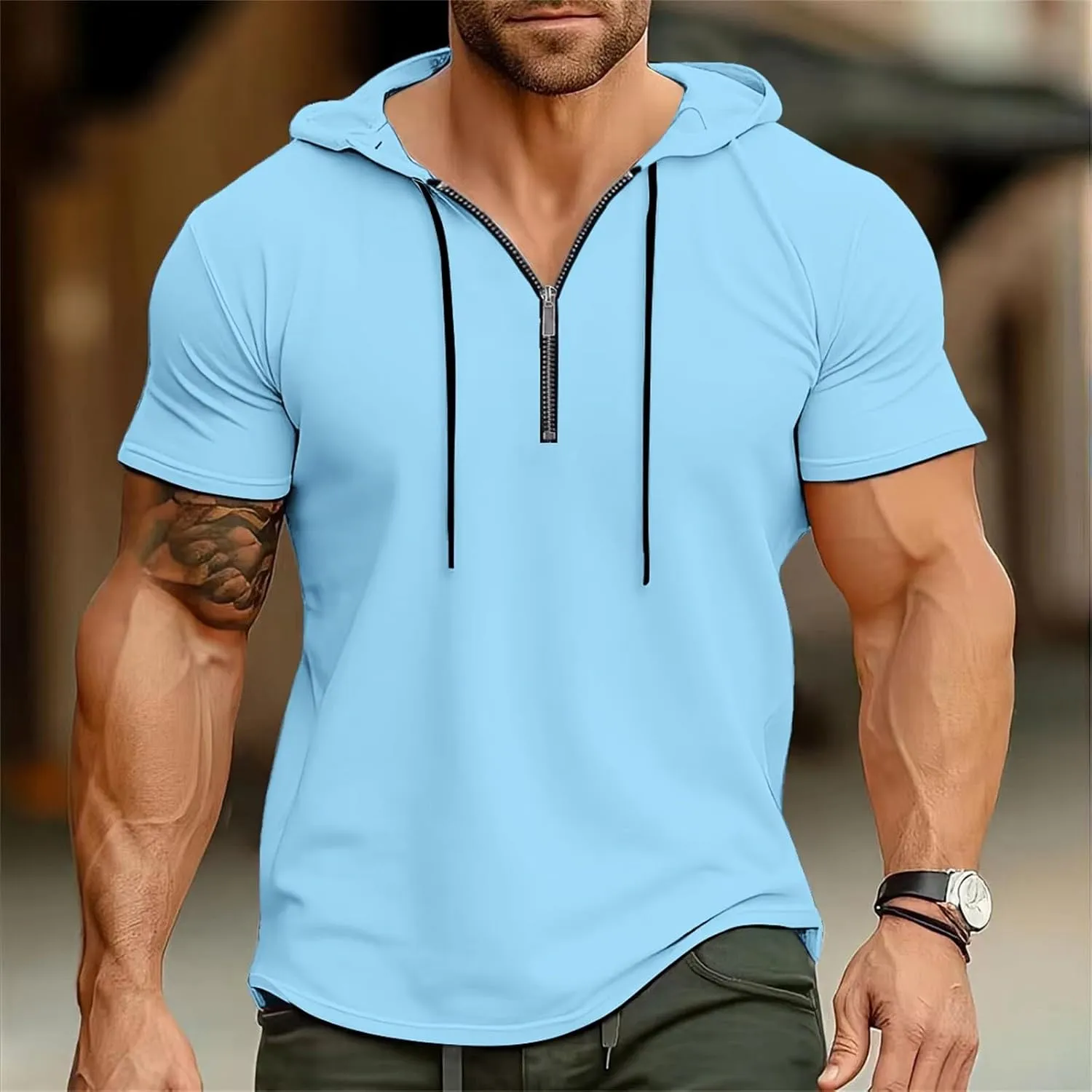 Hoodies for Men Short Sleeve Casual Zipper up Regular Fit T-Shirt Sports Summer Running Lightweight Work Fitness Tees