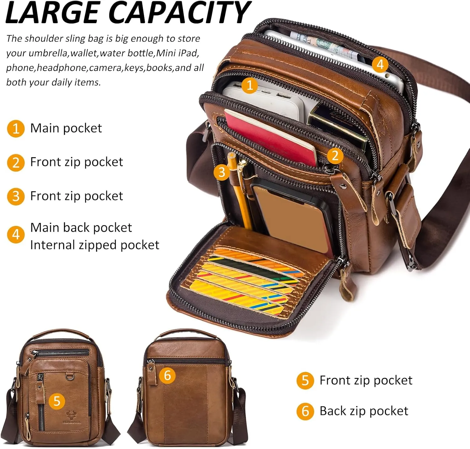HUMERPAUL Messenger Bag for Men, Man Bag Genuine Leather Crossbody Shoulder Bag Handbag Satchel Bags for Work Travel