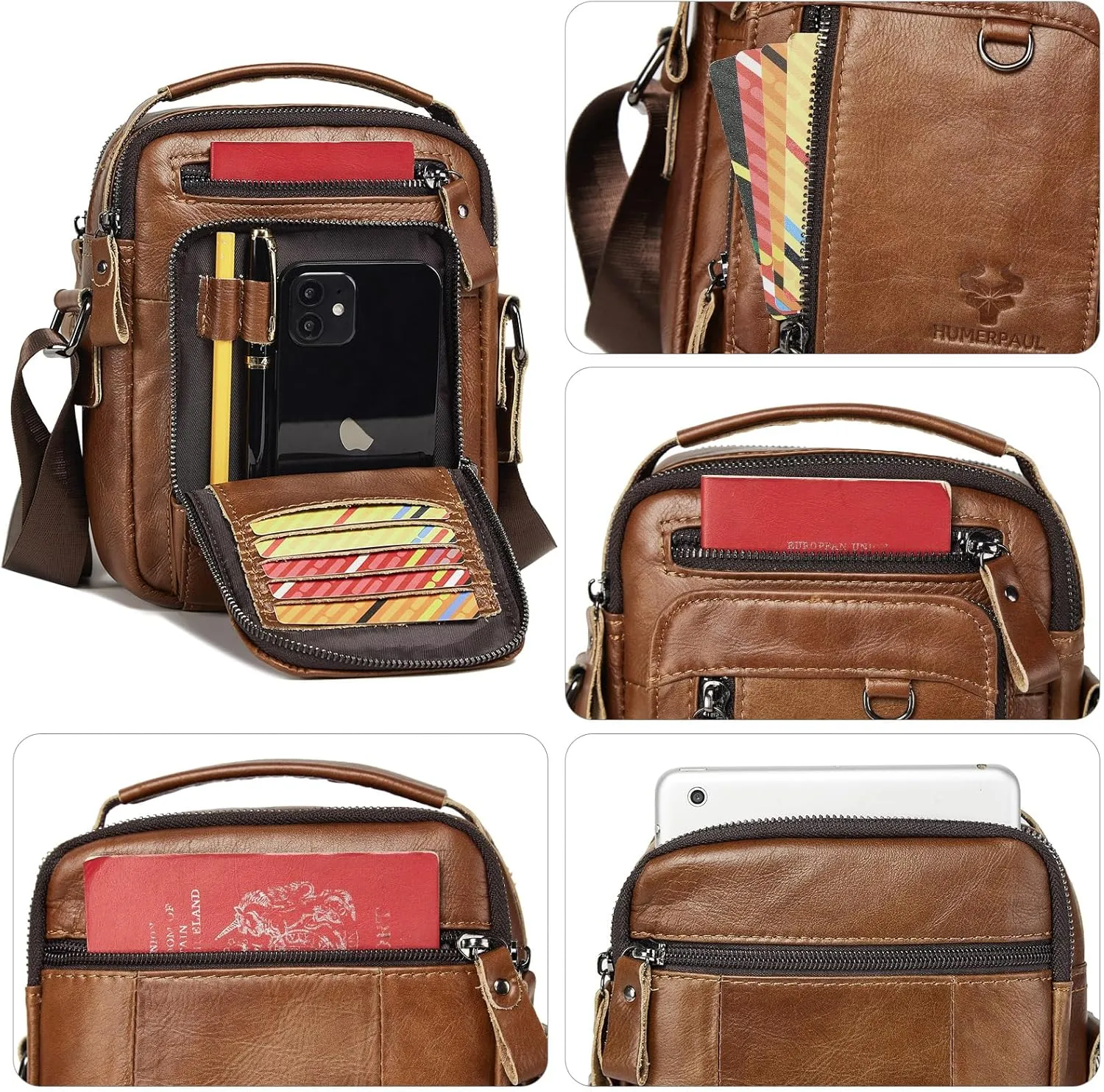 HUMERPAUL Messenger Bag for Men, Man Bag Genuine Leather Crossbody Shoulder Bag Handbag Satchel Bags for Work Travel