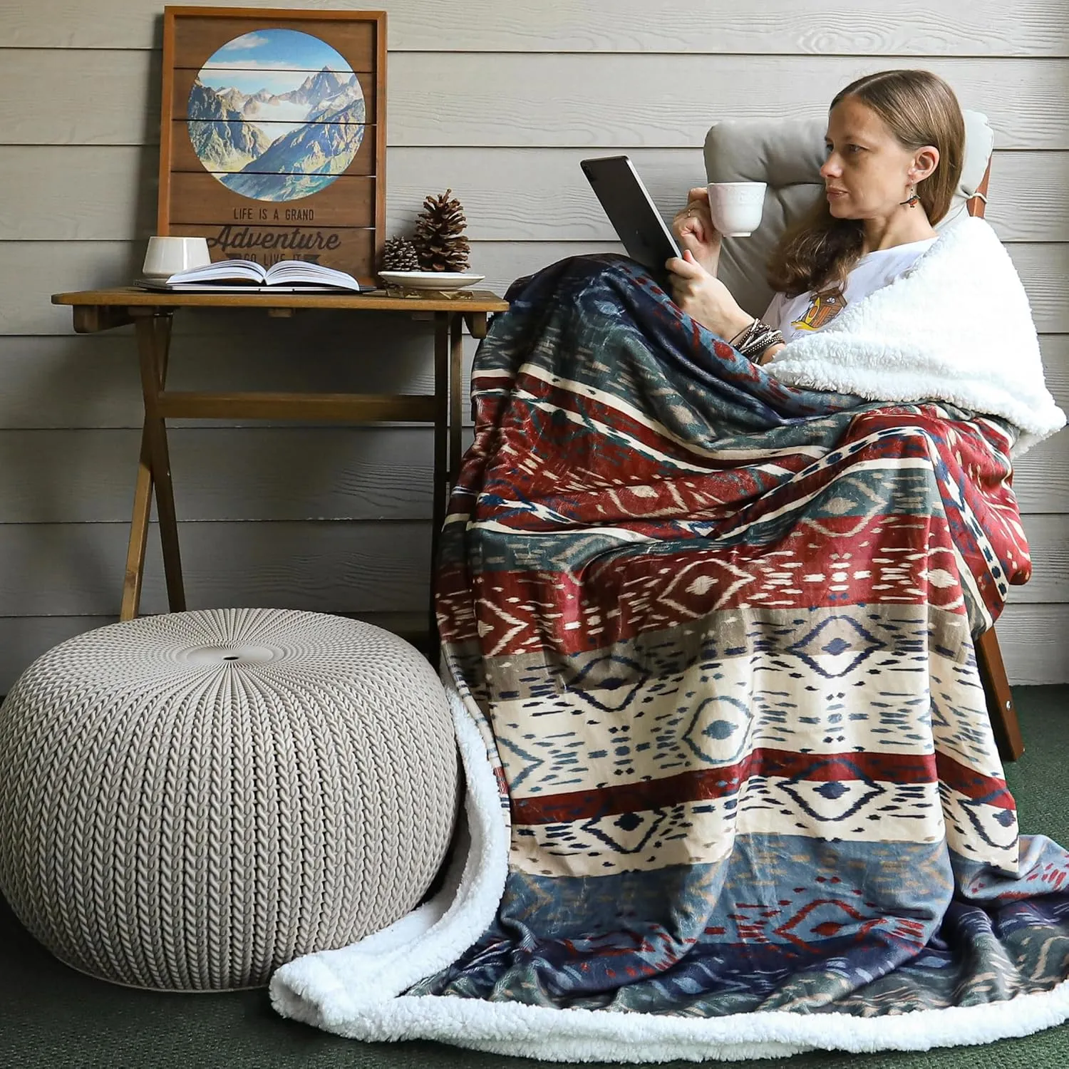 Indigo Hill by HiEnd Accents Home on The Range Aztec Sherpa Throw Blanket, Tribal Navajo Print Western Blanket for Camping Outdoor, Southwestern Sherpa Fleece Blanket for Couch Sofa Bed, 54x68 inch