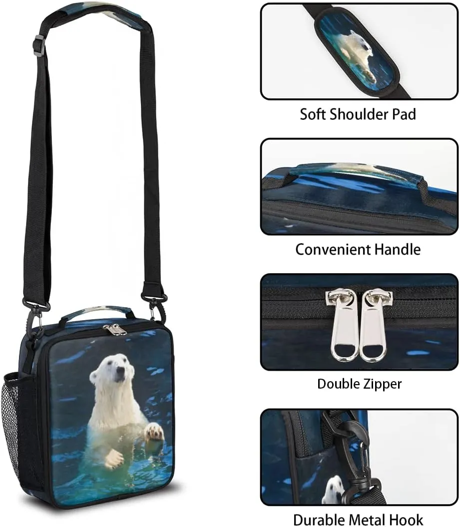 Insulated Lunch Bag for Kids Boys Girls, Cute Polar Bear Lunch Box with Shoulder Strap, Durable Reusable Waterproof Thermal Cooler Bag for School Work Picnic Travel Meal Prep Bag