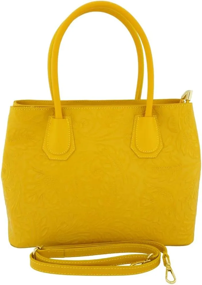 Italian Flower Embossed Leather Top Handle Tote Shoulder Bag For Women