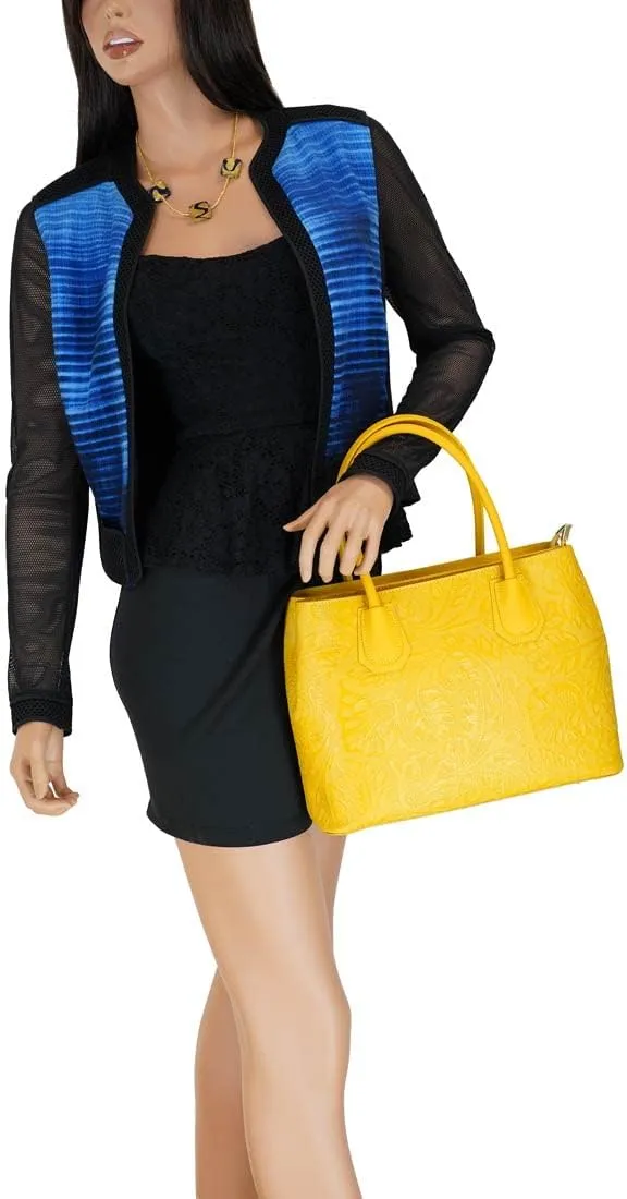 Italian Flower Embossed Leather Top Handle Tote Shoulder Bag For Women