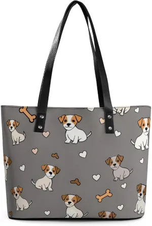Jack Russell Terrier Bones Hearts Women's Tote Shoulder Bag Handbag Top Handle Leather 29 * 34 * 14cm