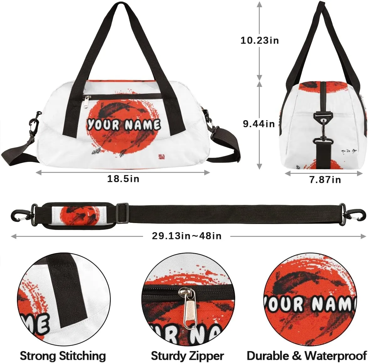 Japanese Fish Painting Personalized Kids Duffel Bag for Girls Boys, Fish Debris Custom Name Overnight Small Duffel Bag Carry On Weekend Sports Travel Bag for School Practice Gymnastics Ballet