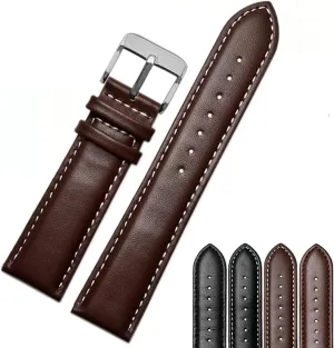 Jaxon Top Grain Calf Leather Strap Silver Buckle- Premium Watchband Replacement for Men & Women- Classic Wristwatch Band Brown Leather with White Thread, 21mm