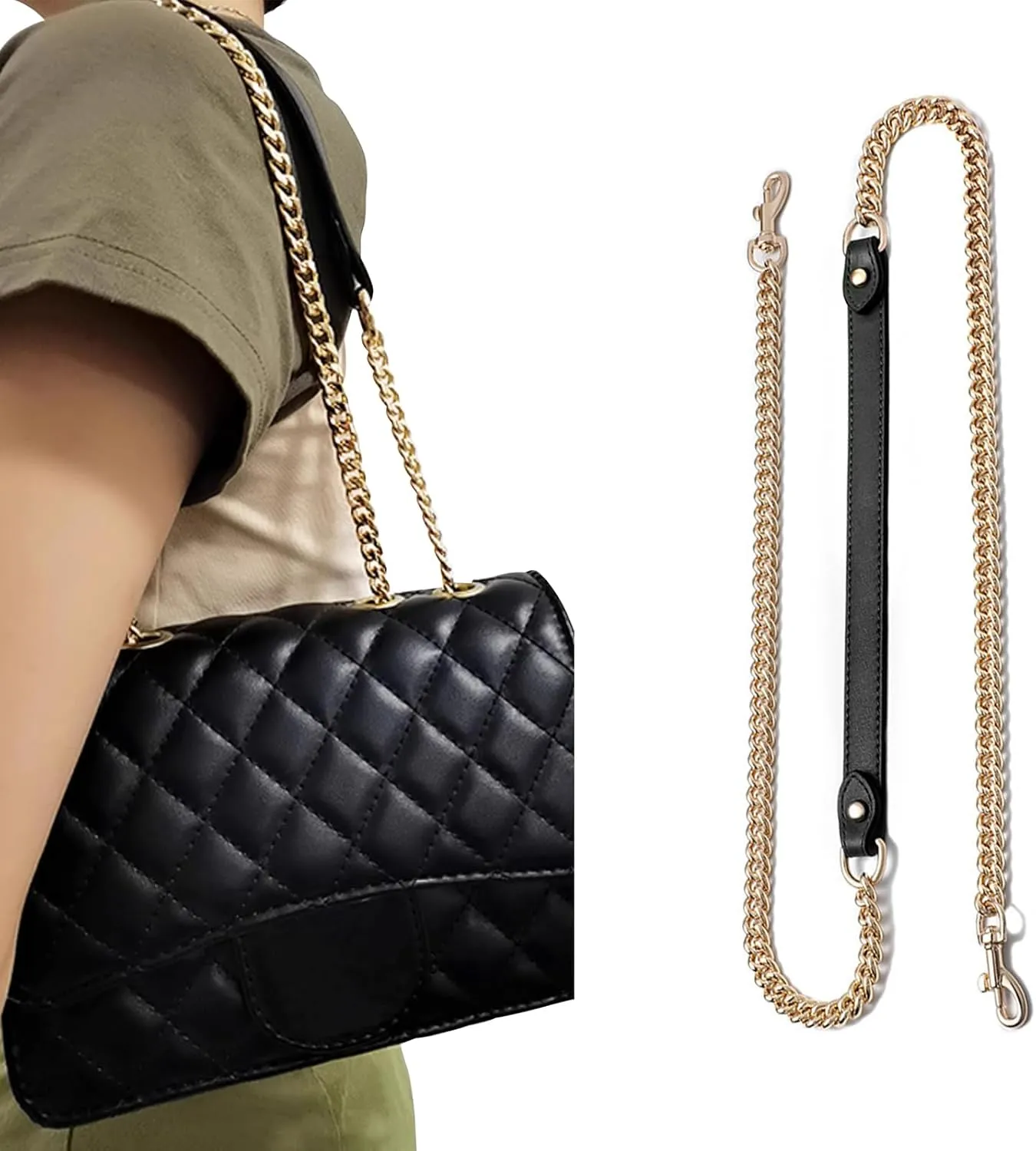 jiesinlov Purse Leather and Chain Bag Shoulder Strap Replacement Crossbody for Handbags,43 Inches in Length(Gold-black)