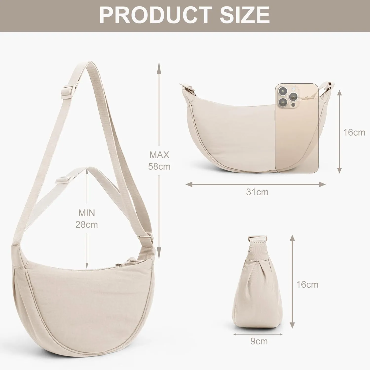 JQWSVE Nylon Crescent Bag for Women Men Crossbody Bag Hobo Sling Crescent Shoulder Bag Purse Casual Solid Color Dumpling Bag