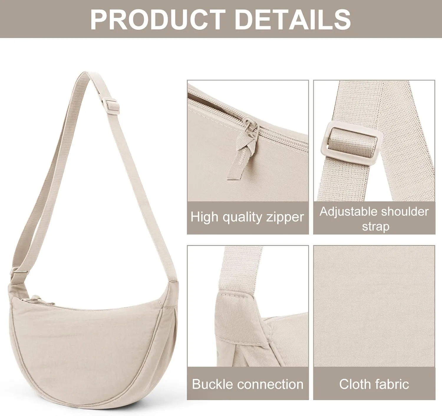 JQWSVE Nylon Crescent Bag for Women Men Crossbody Bag Hobo Sling Crescent Shoulder Bag Purse Casual Solid Color Dumpling Bag