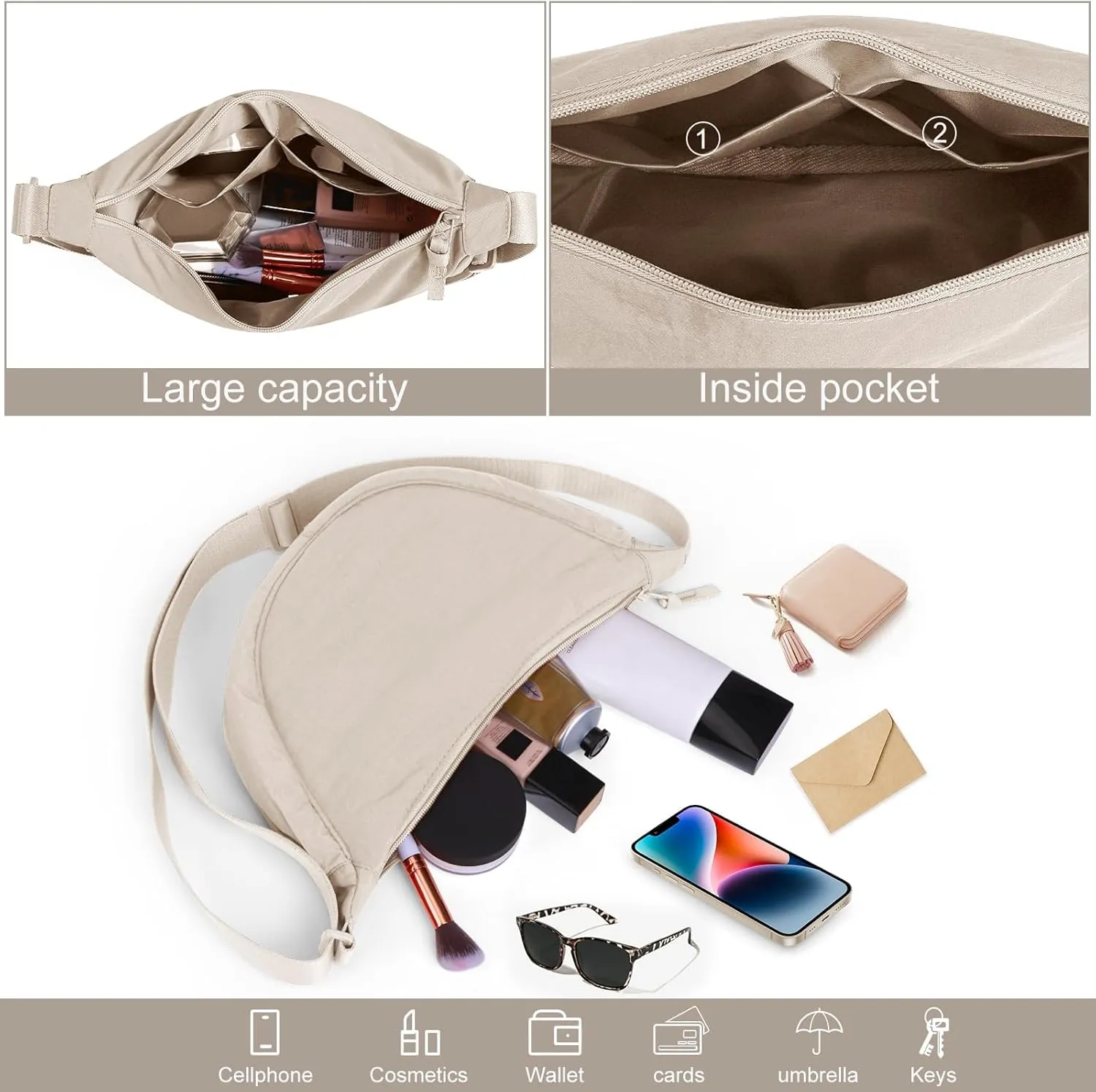 JQWSVE Nylon Crescent Bag for Women Men Crossbody Bag Hobo Sling Crescent Shoulder Bag Purse Casual Solid Color Dumpling Bag