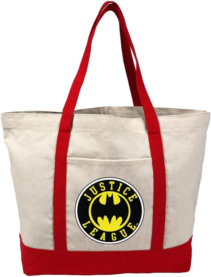 Justice League Batman Athletic Logo Canvas Tote Bag With External Pocket, Reusable Shoulder Bag for Shopping, Beach, Red