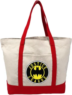 Justice League Batman Athletic Logo Canvas Tote Bag With External Pocket, Reusable Shoulder Bag for Shopping, Beach, Red