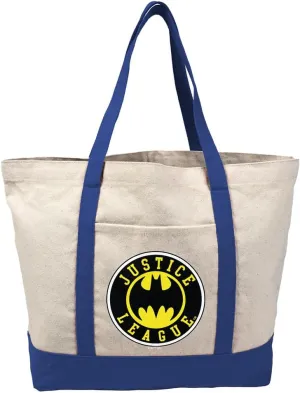 Justice League Batman Athletic Logo Canvas Tote Bag With External Pocket, Reusable Shoulder Bag for Shopping, Beach, Royal