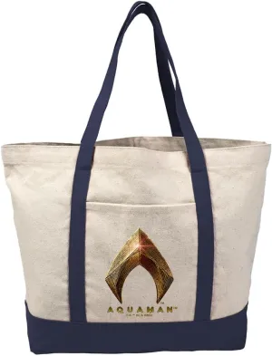 Justice League Movie Aquaman Logo Canvas Tote Bag With External Pocket, Reusable Shoulder Bag for Shopping, Beach, Navy