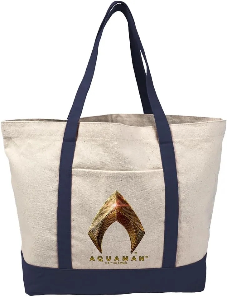 Justice League Movie Aquaman Logo Canvas Tote Bag With External Pocket, Reusable Shoulder Bag for Shopping, Beach, Navy