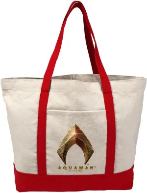 Justice League Movie Aquaman Logo Canvas Tote Bag With External Pocket, Reusable Shoulder Bag for Shopping, Beach, Red