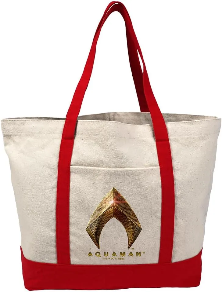 Justice League Movie Aquaman Logo Canvas Tote Bag With External Pocket, Reusable Shoulder Bag for Shopping, Beach, Red