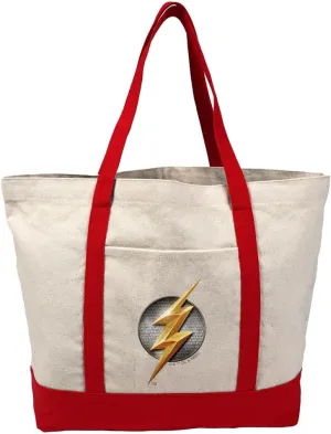 Justice League Movie Flash Logo Canvas Tote Bag With External Pocket, Reusable Shoulder Bag for Shopping, Beach, Red